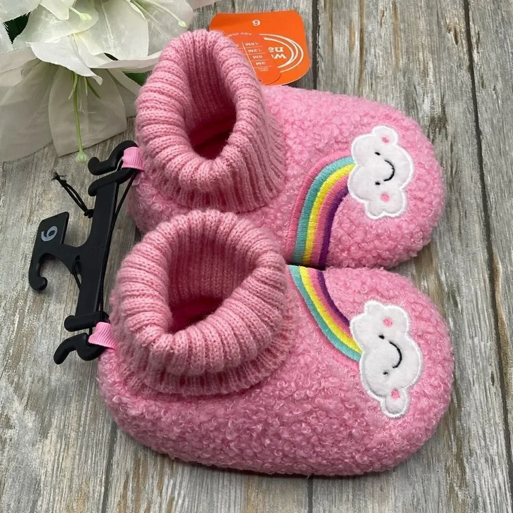 Baby Girls Teddy Knit Rainbow Comfy Soft Slippers Shoes Size 6